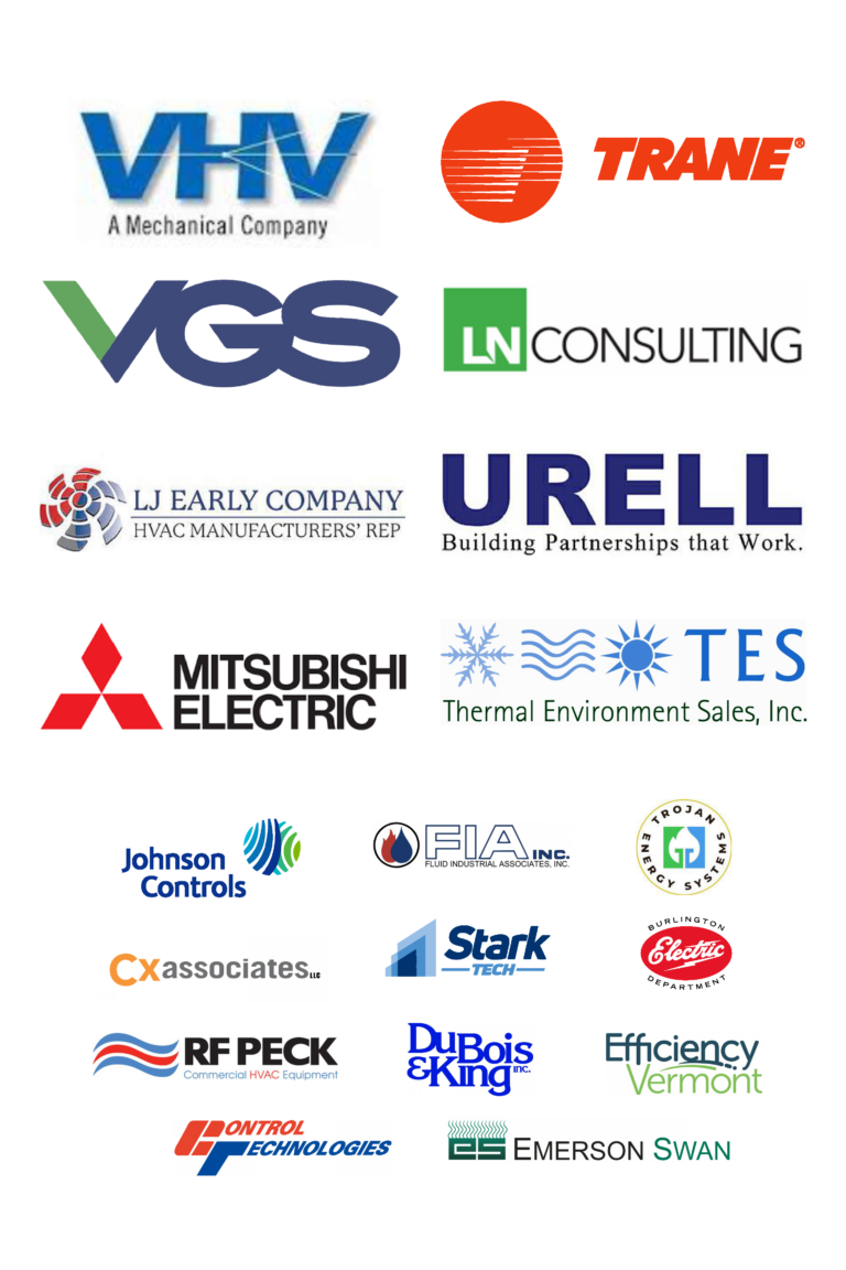 Images of various sponsor companys, Including VHV, Trane, VGS, LN consulting, L J Early, Urell, Mitsubishi, TES environmental sales, Johnson controls, FIA Trojan Energy systems, Cx associates, Stark tech, Burlington electric, RF Peck, DuBois & King, Efficiency Vermont, Control Technologies, and Emerson Swan